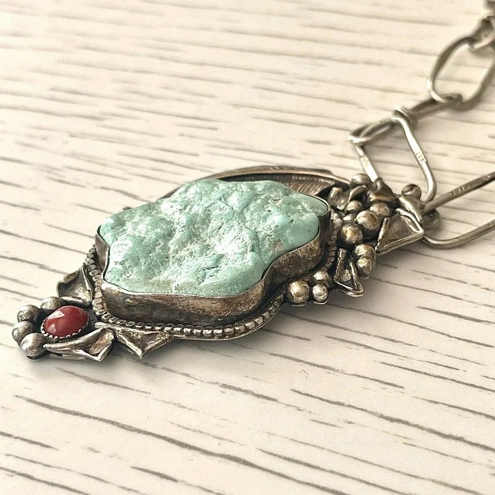 VTG Navajo Turquoise Pendant 2.5in Seafoam Nugget Paperclip Chain Necklace Old